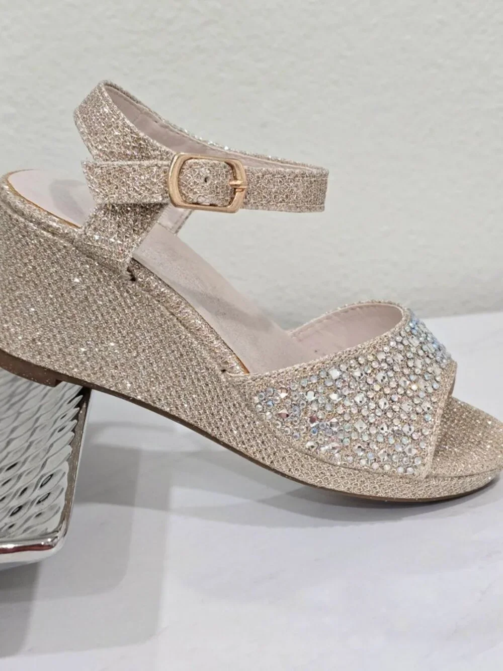 David’s Bridal ✦ Gold Glitter Wedge Sandal ✦ Rhinestones Adjustable Strap Heel 9
